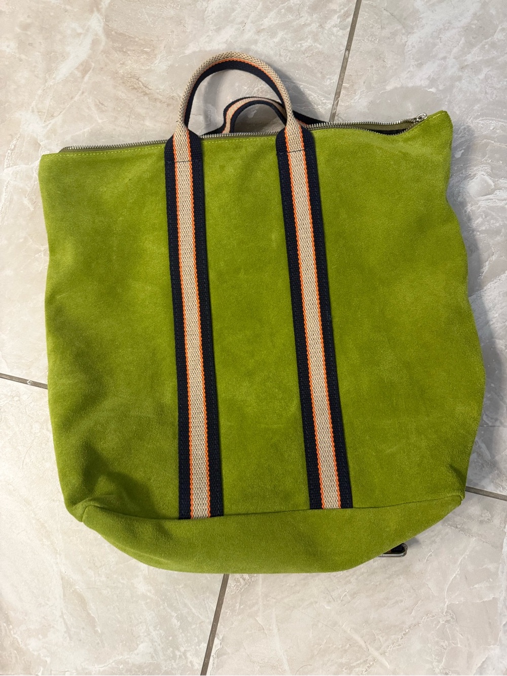 Green Suede Tote Bag with Striped Handles